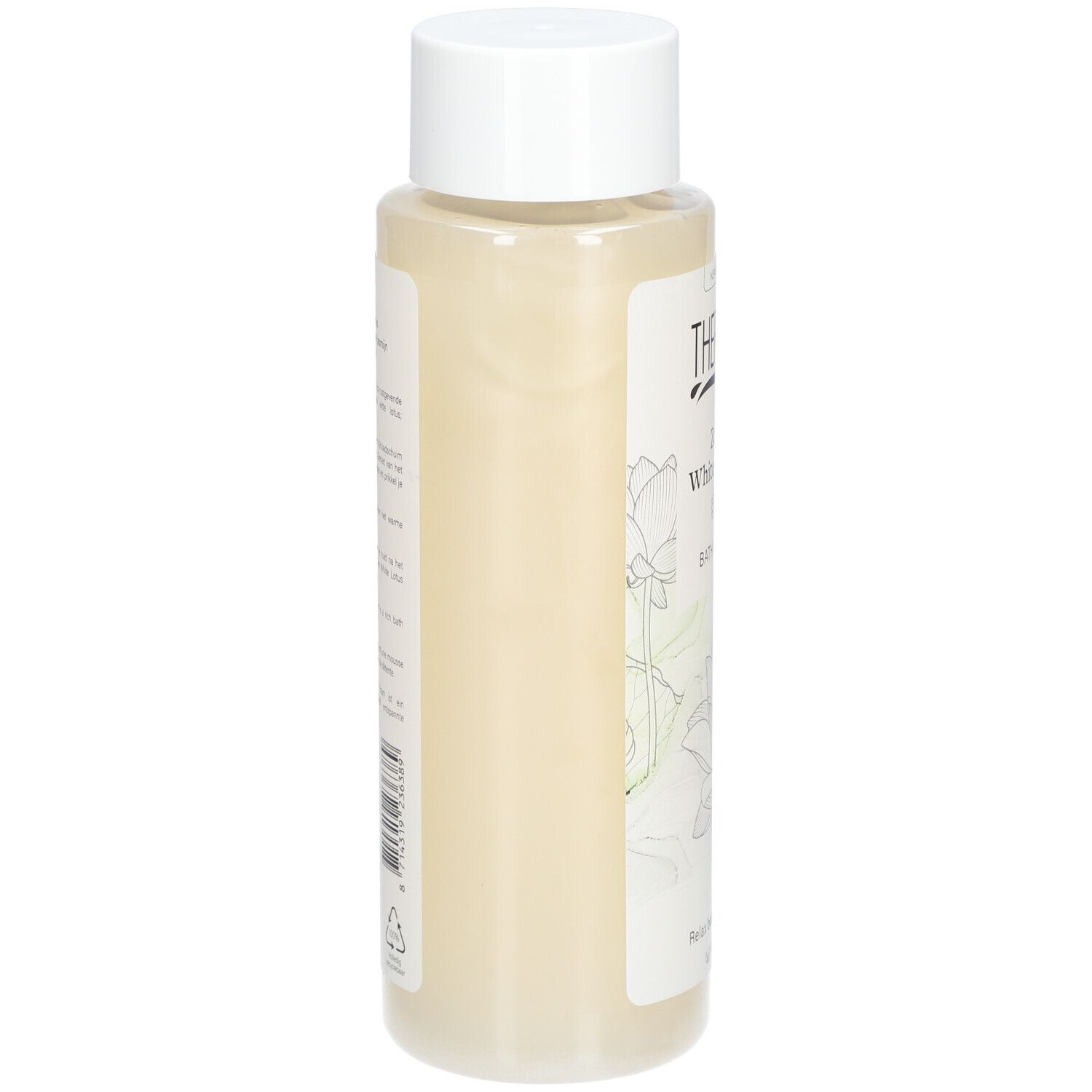 THERME Zen White Lotus Badschuim. Fles met witte dop. Achterkant met tekst en barcode. Beige vloeistof zichtbaar.