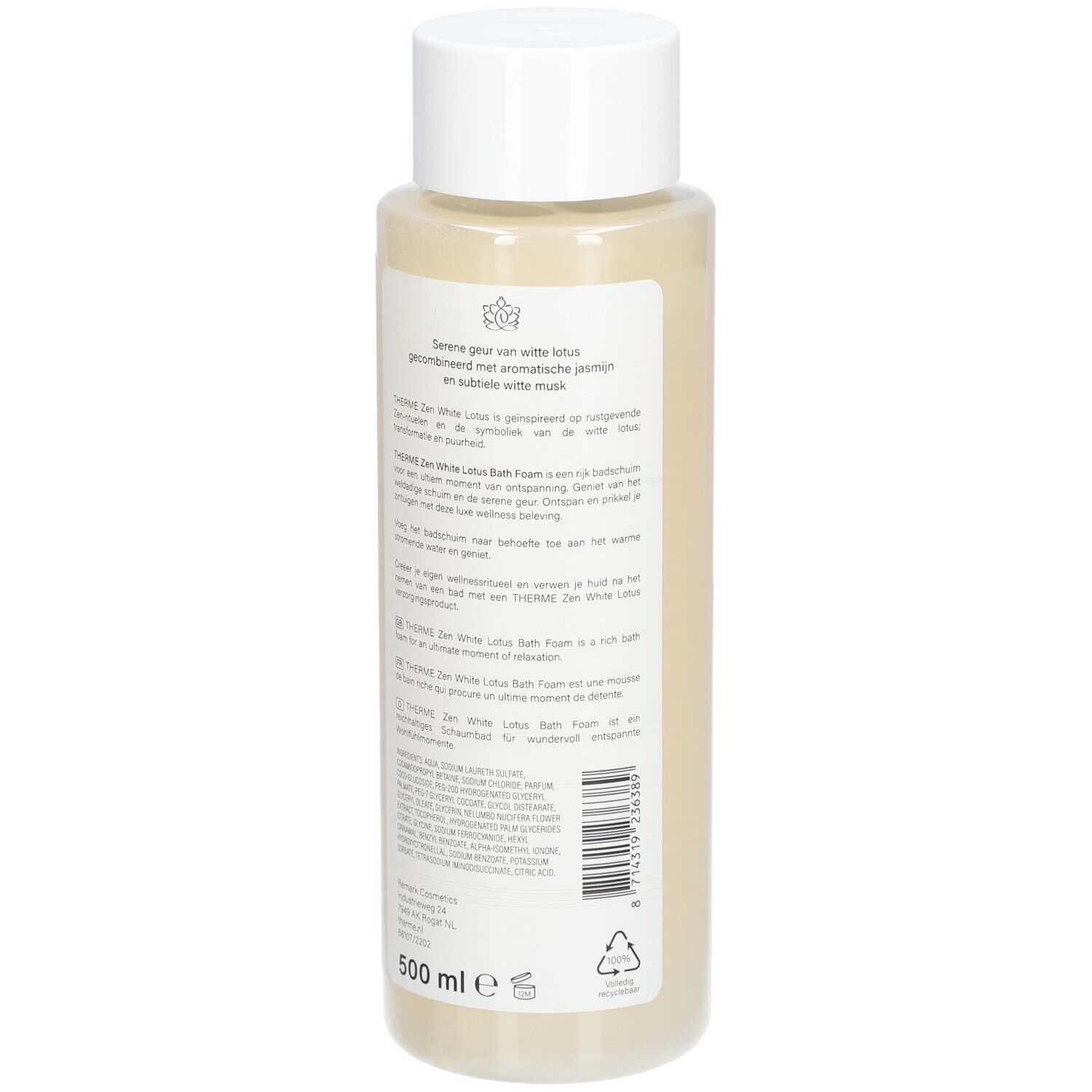 THERME Zen White Lotus Badschuim. Achterkant van de fles met tekst. Volume: 500 ml. Milieukeurmerk.
