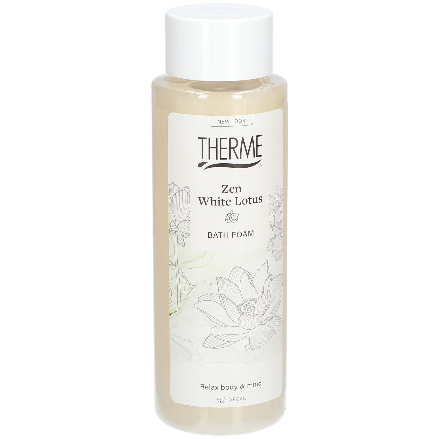 THERME Zen White Lotus Badschuim. Fles met witte dop en etiket. Opschrift: THERME, Zen White Lotus, Bath Foam.