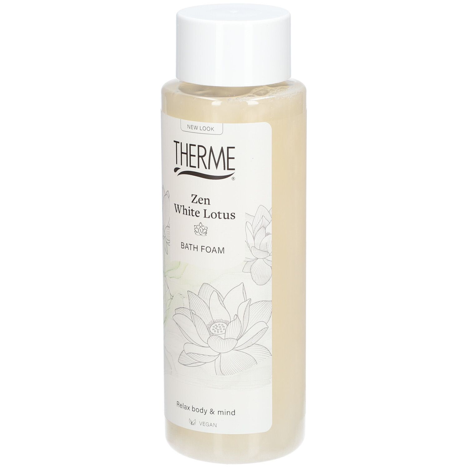THERME Zen White Lotus Badschuim. Fles met witte dop en etiket. Opschrift: THERME, Zen White Lotus, Bath Foam.