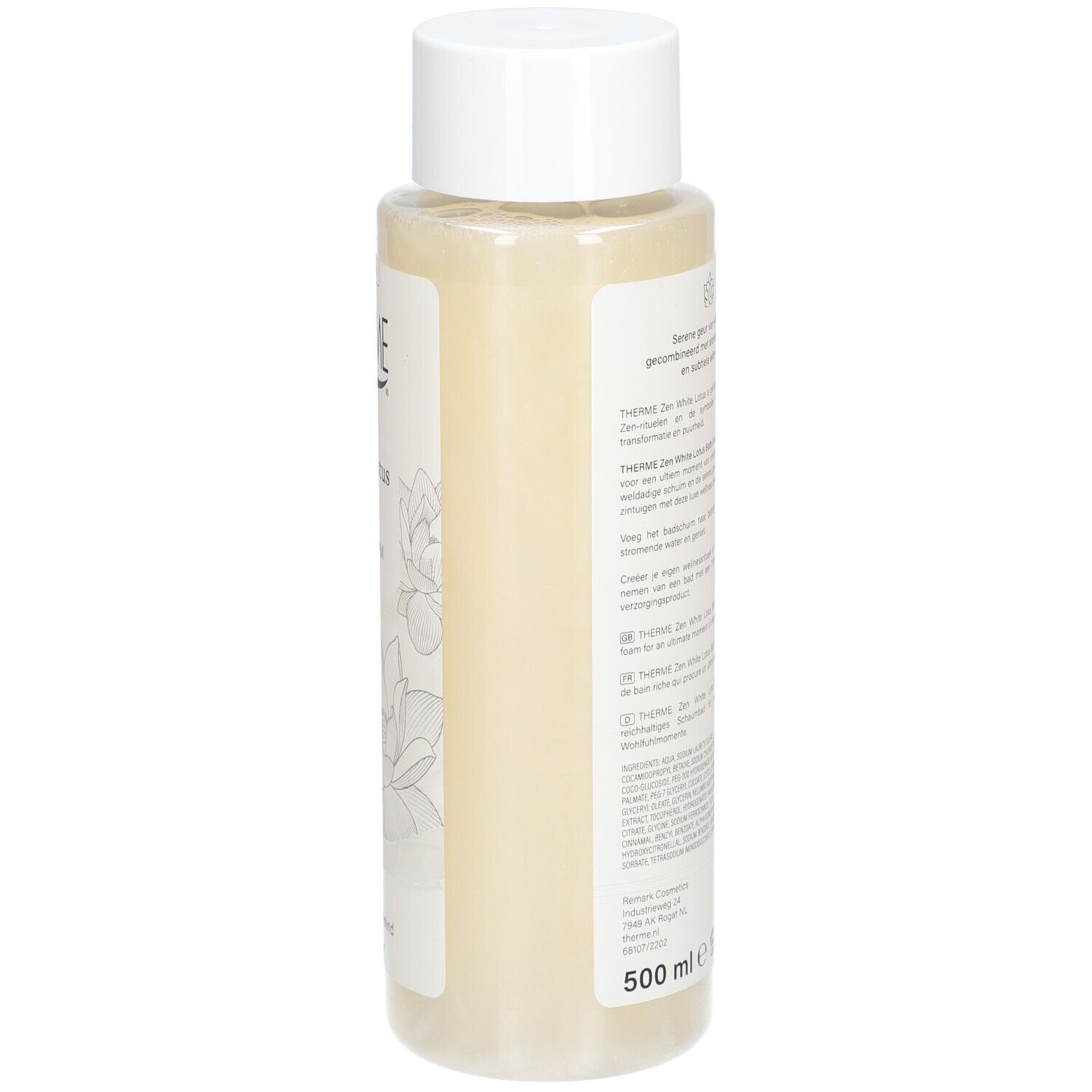 THERME Zen White Lotus Badschuim. Achterkant van de fles met tekst. Volume: 500 ml.