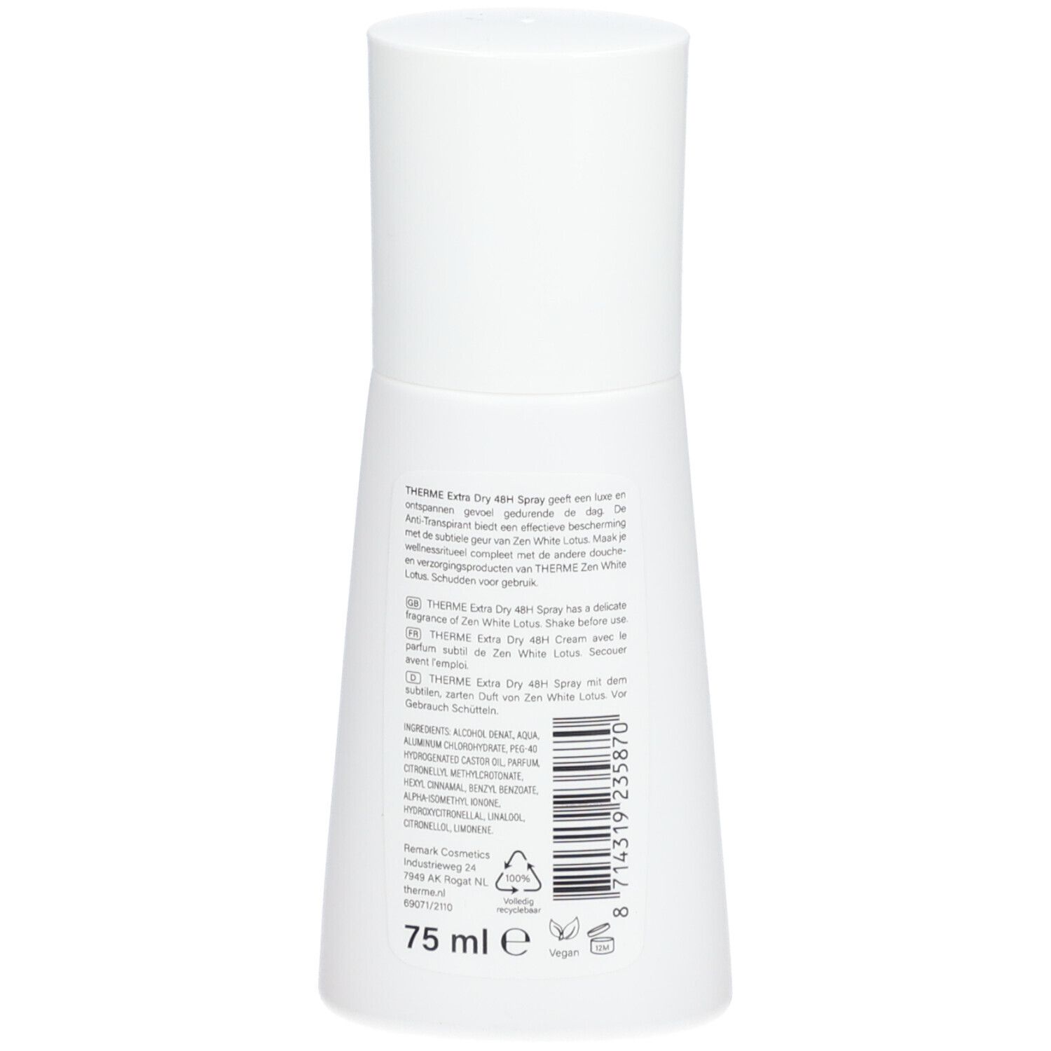 Rückseite des weißen THERME Extra Dry Sprays. Text und Barcode. Inhalt: 75 ml. Geur van Zen-White Lotus.
