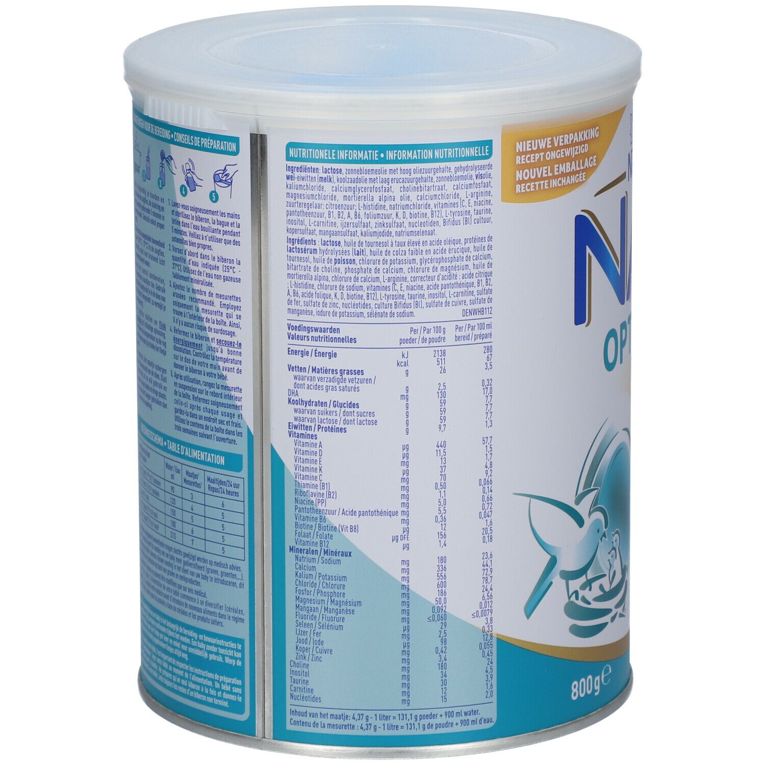 Boîte avec informations produit. Vue arrière avec informations nutritionnelles, liste des ingrédients et instructions. Couvercle blanc, accents bleus et dorés.