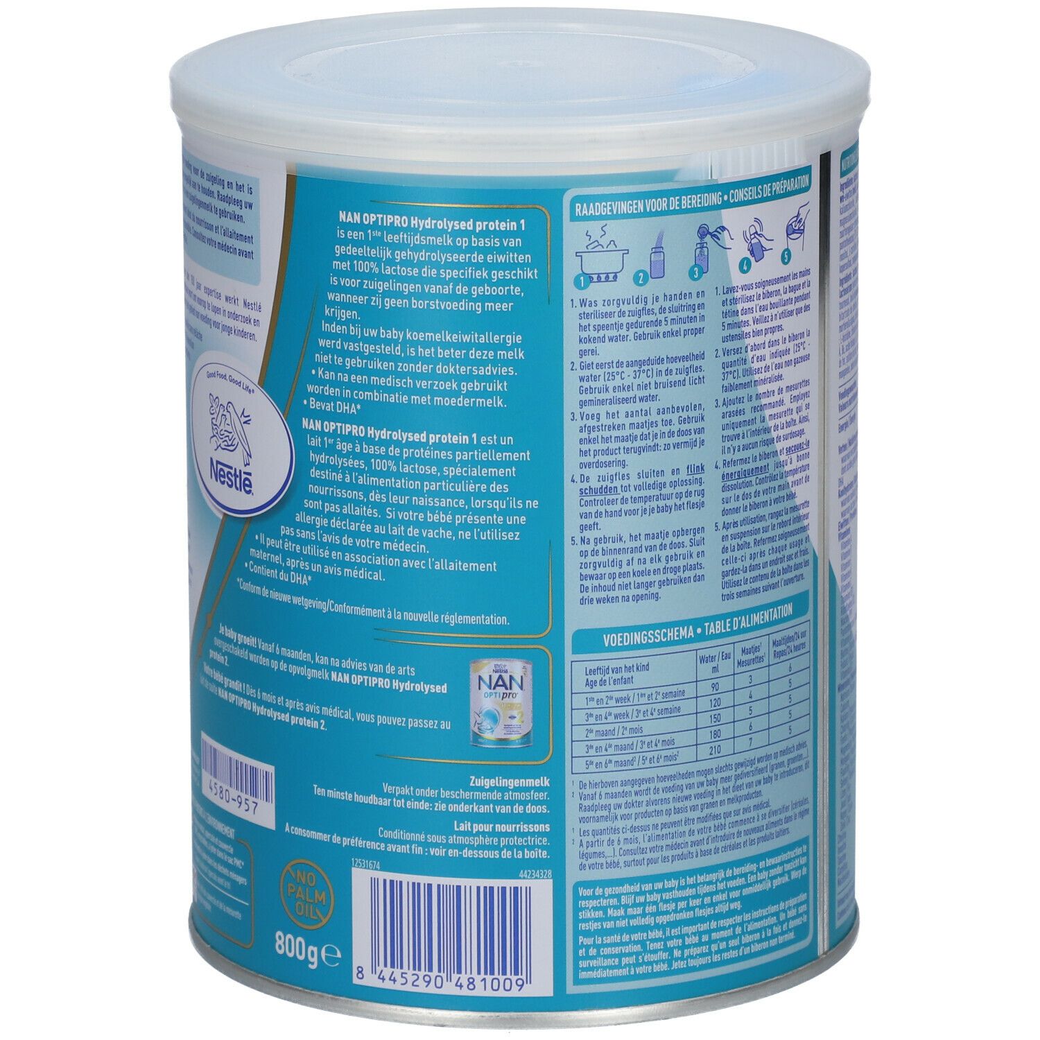 Emballage produit avec texte. Vue arrière avec description, instructions et informations nutritionnelles. Couvercle blanc, accents bleus et dorés.