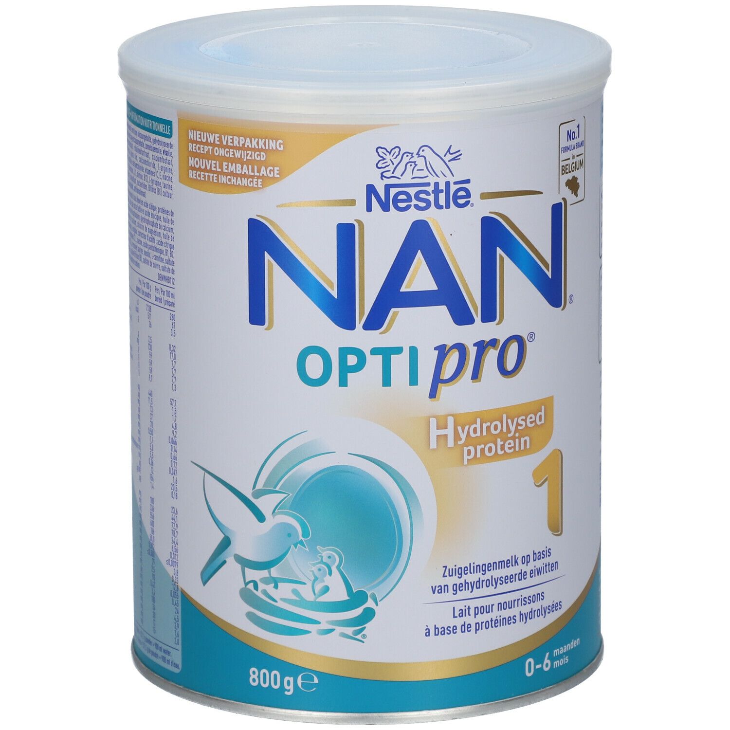 Aliment pour bébé en boîte. Boîte avec couvercle blanc, design bleu et doré. Nom du produit: NAN OptiPro Hydrolysed Protein 1. 800g.