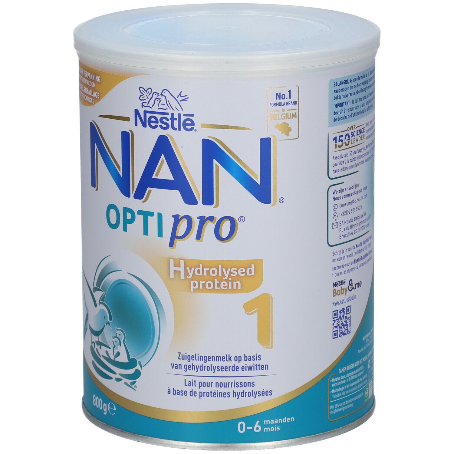 Aliment pour bébé en boîte. Boîte avec couvercle blanc, design bleu et doré. Nom du produit: NAN OptiPro Hydrolysed Protein 1. 0-6 mois.