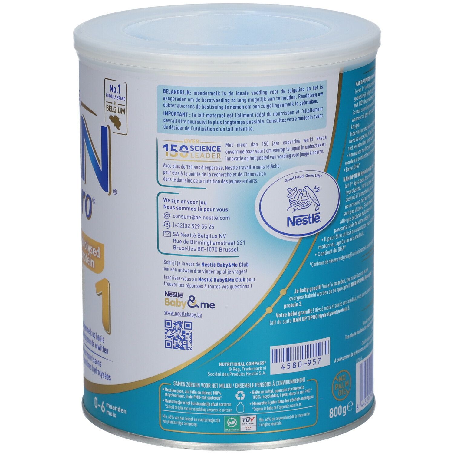 Emballage produit avec texte. Vue arrière avec informations, logo et QR code. Couvercle blanc, accents bleus et dorés. 800g.