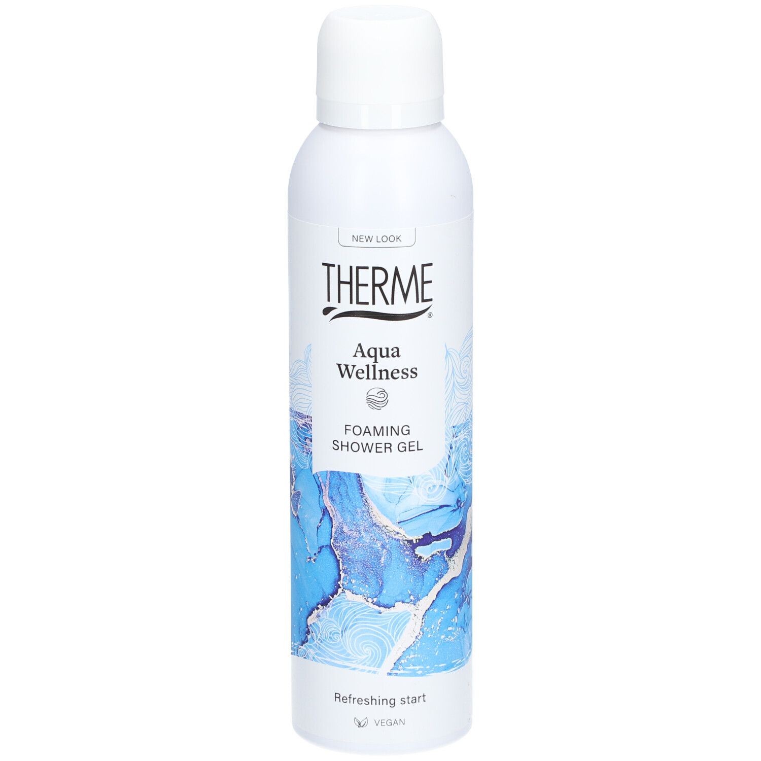 Flacon blanc THERME Aqua Wellness. Dégradé bleu. Bouchon blanc. Label végan.
