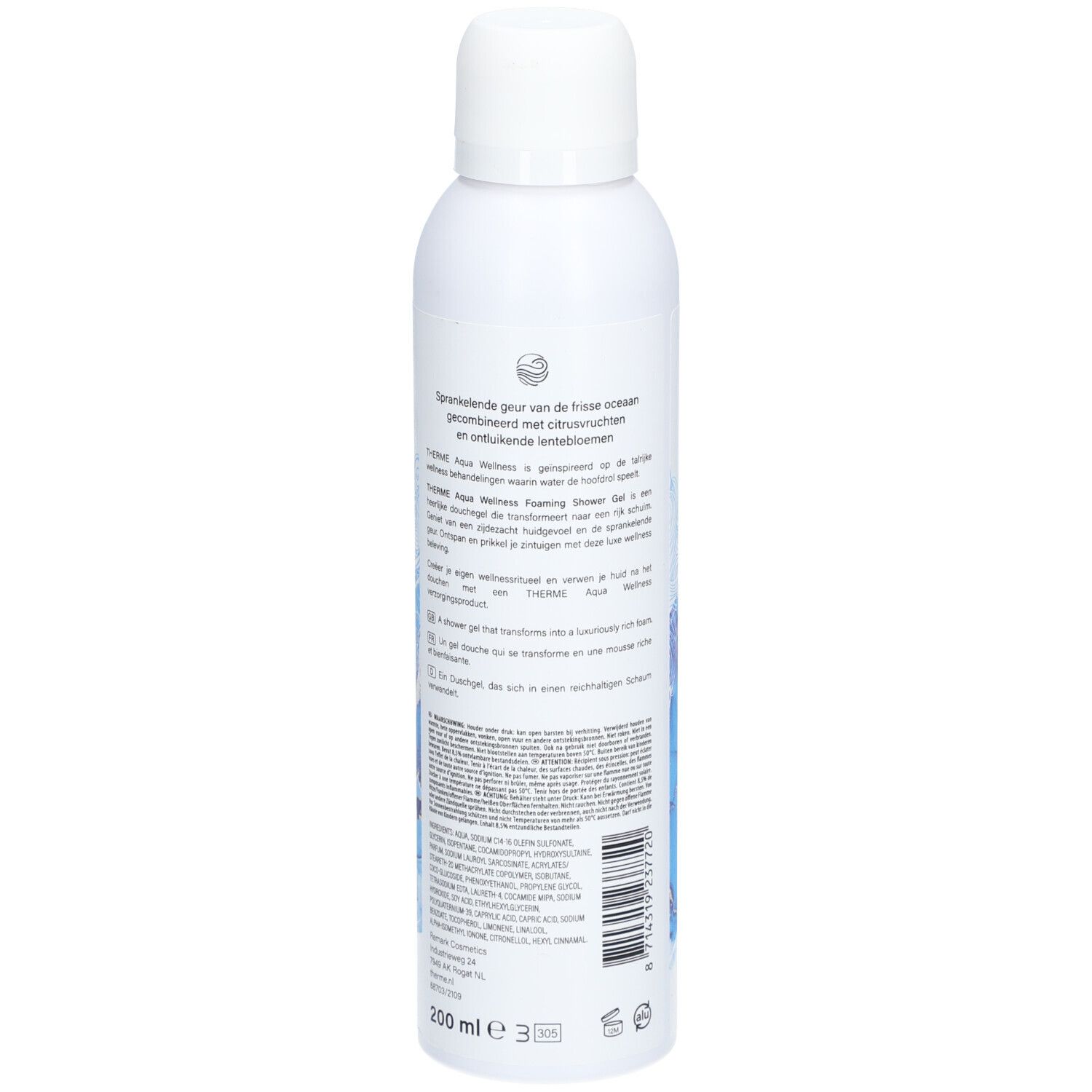 Dos du flacon blanc THERME Aqua Wellness. Texte multilingue. Bouchon blanc.