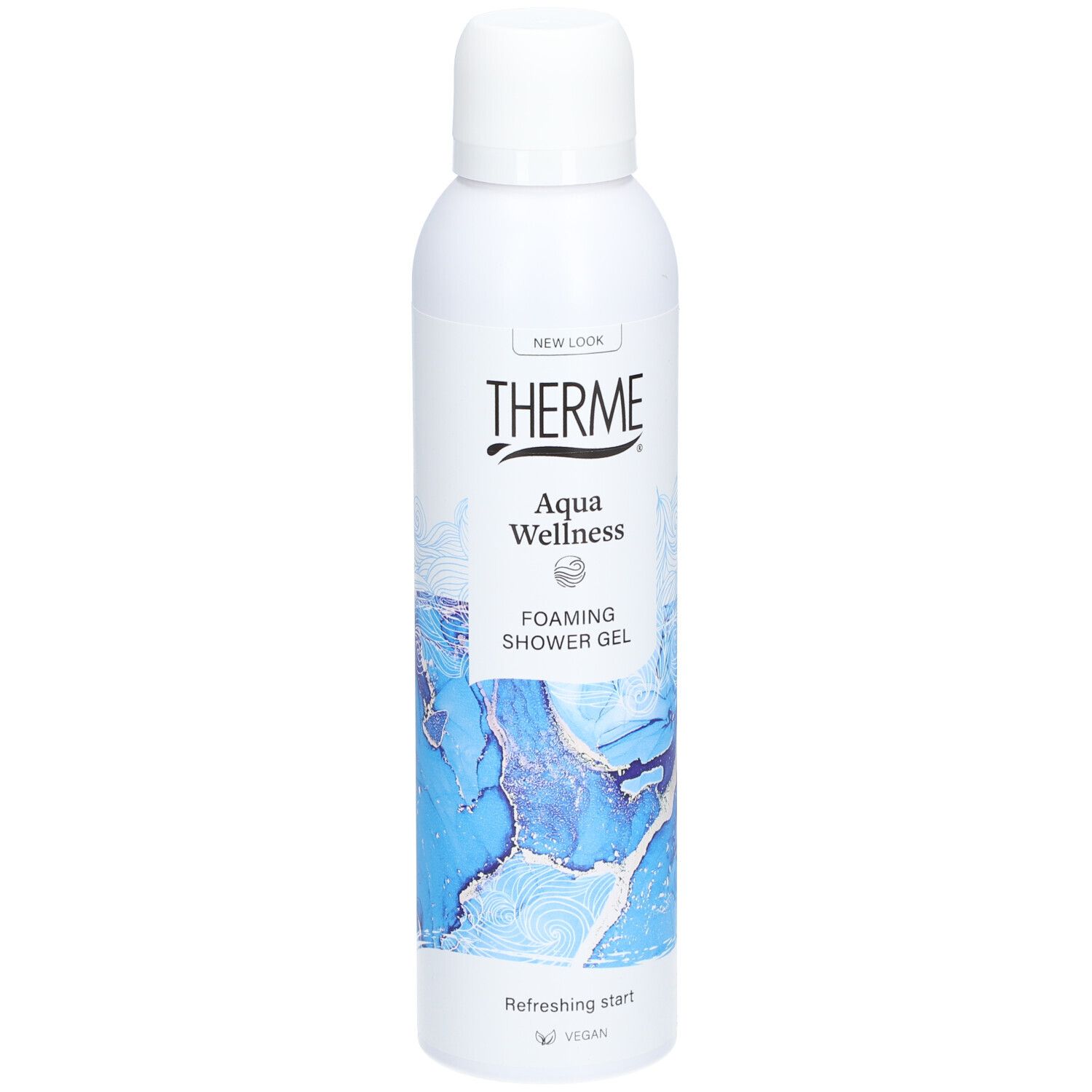 Flacon blanc THERME Aqua Wellness. Dégradé bleu. Bouchon blanc. Label végan.