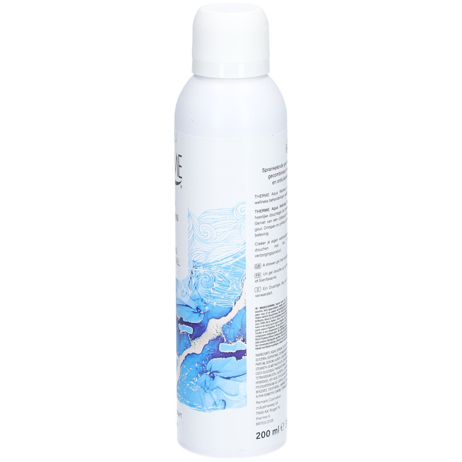 Dos du flacon blanc THERME Aqua Wellness. Texte multilingue. Bouchon blanc.