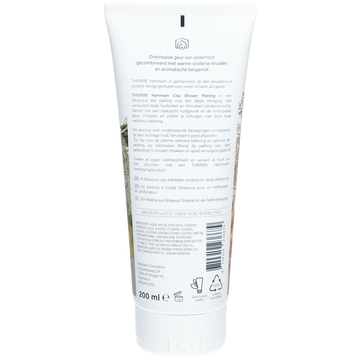 Rückseite der Tube mit Text und Barcode. Illustrationen in Beige und Grün. 200 ml.