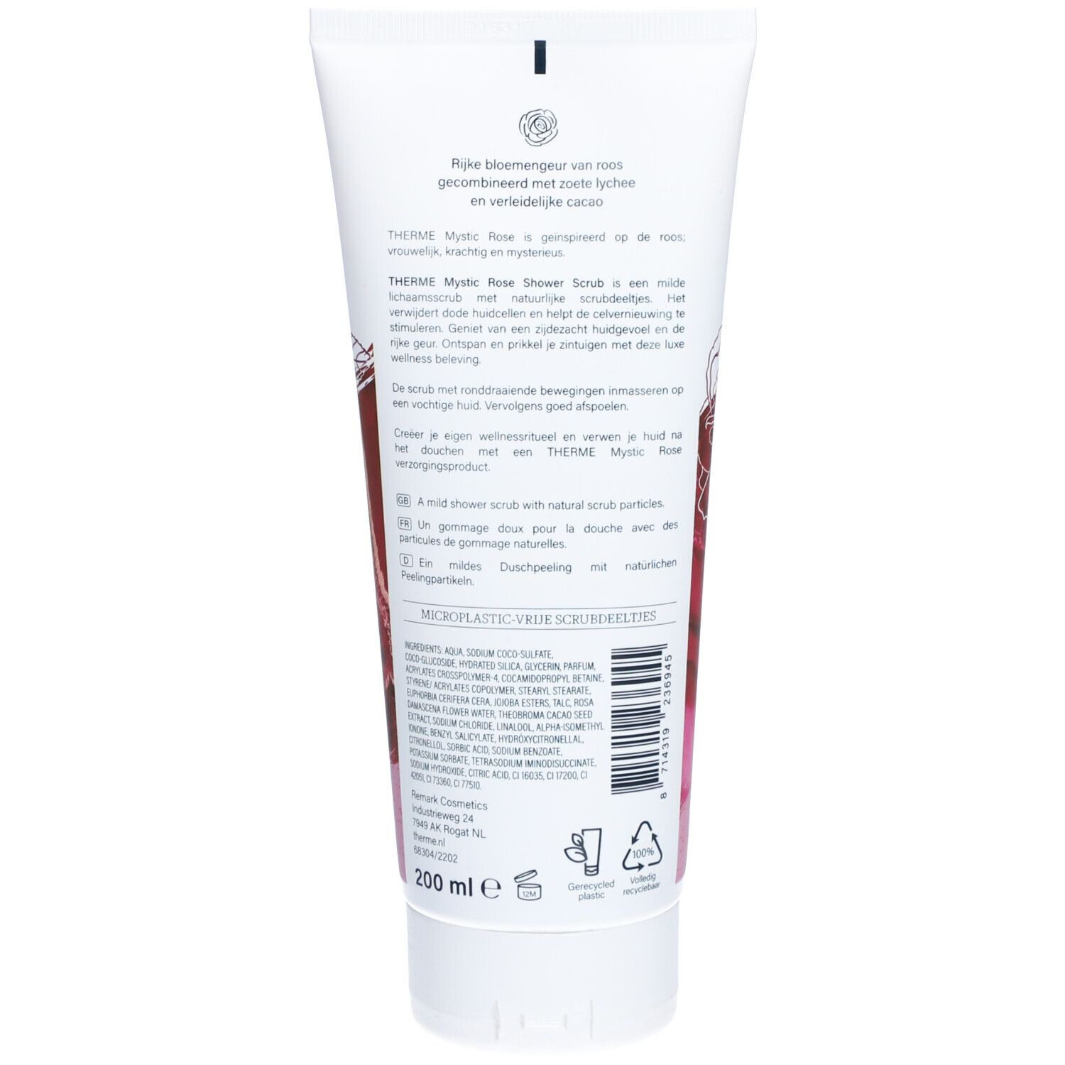 Rückseite der Tube. Text in mehreren Sprachen. Abbildung einer Rose. 200 ml. Recycling-Symbole.