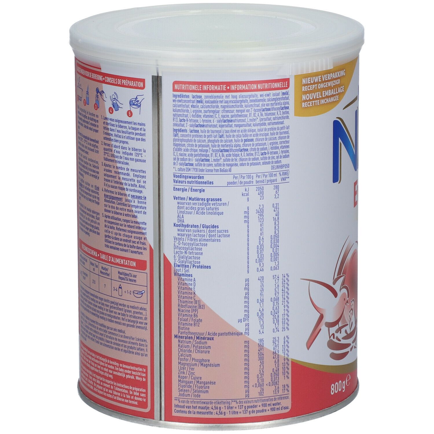 Dos de la boîte NAN Evolia 2. Contient informations nutritionnelles et liste des ingrédients. 800g.