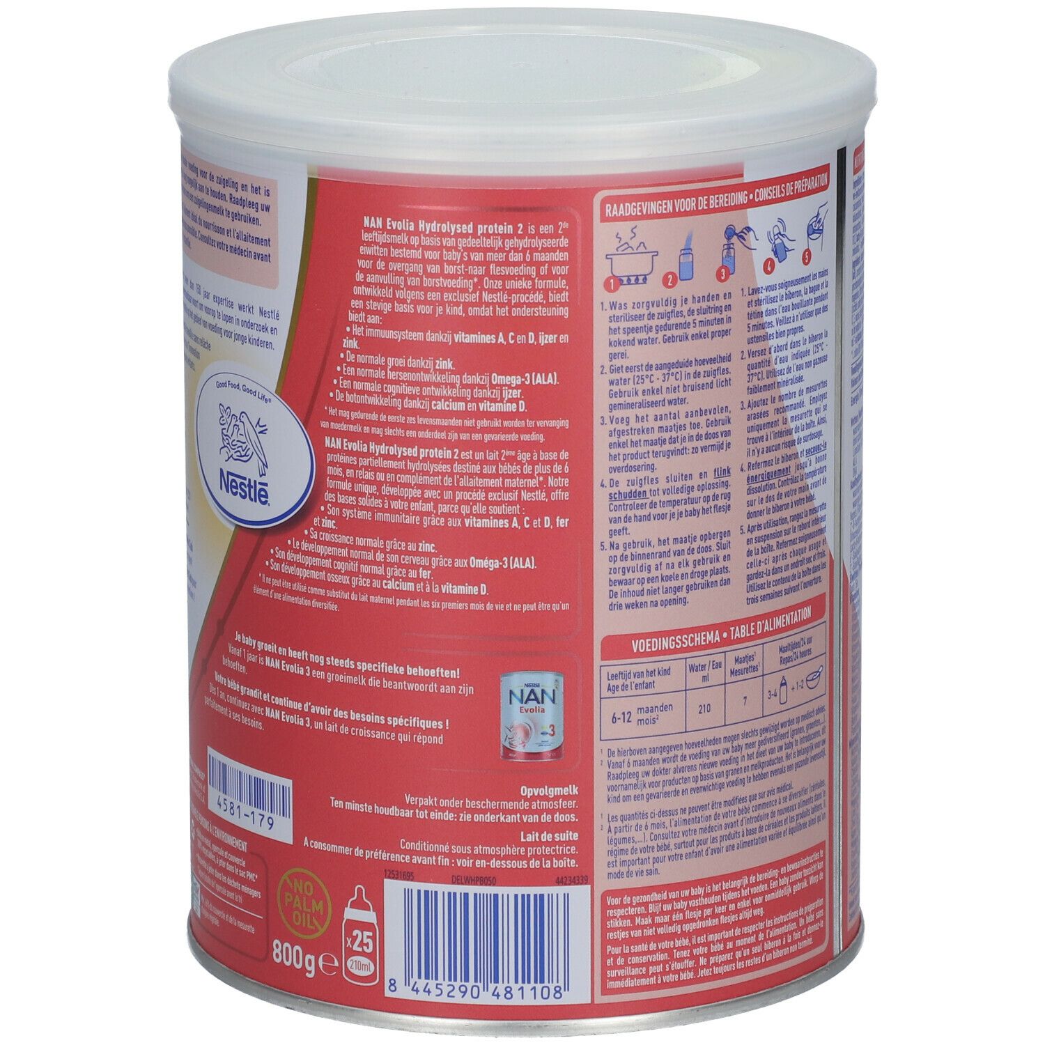 Dos de la boîte NAN Evolia 2. Contient informations de préparation et valeurs nutritionnelles. 800g.