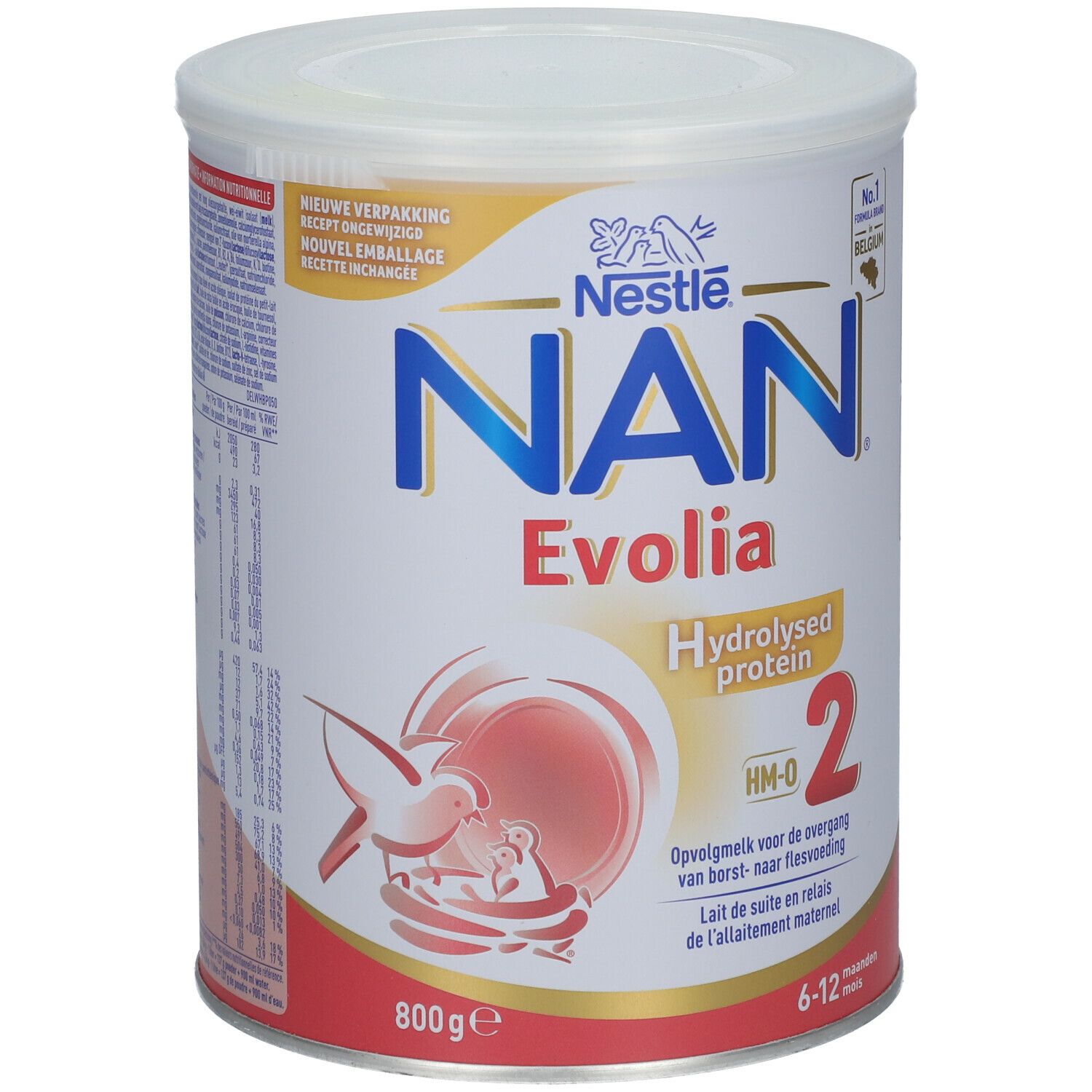 Boîte NAN Evolia 2, protéines hydrolysées. Inscription: HM-O, 2, 6-12 mois. 800g. Logo Nestlé.