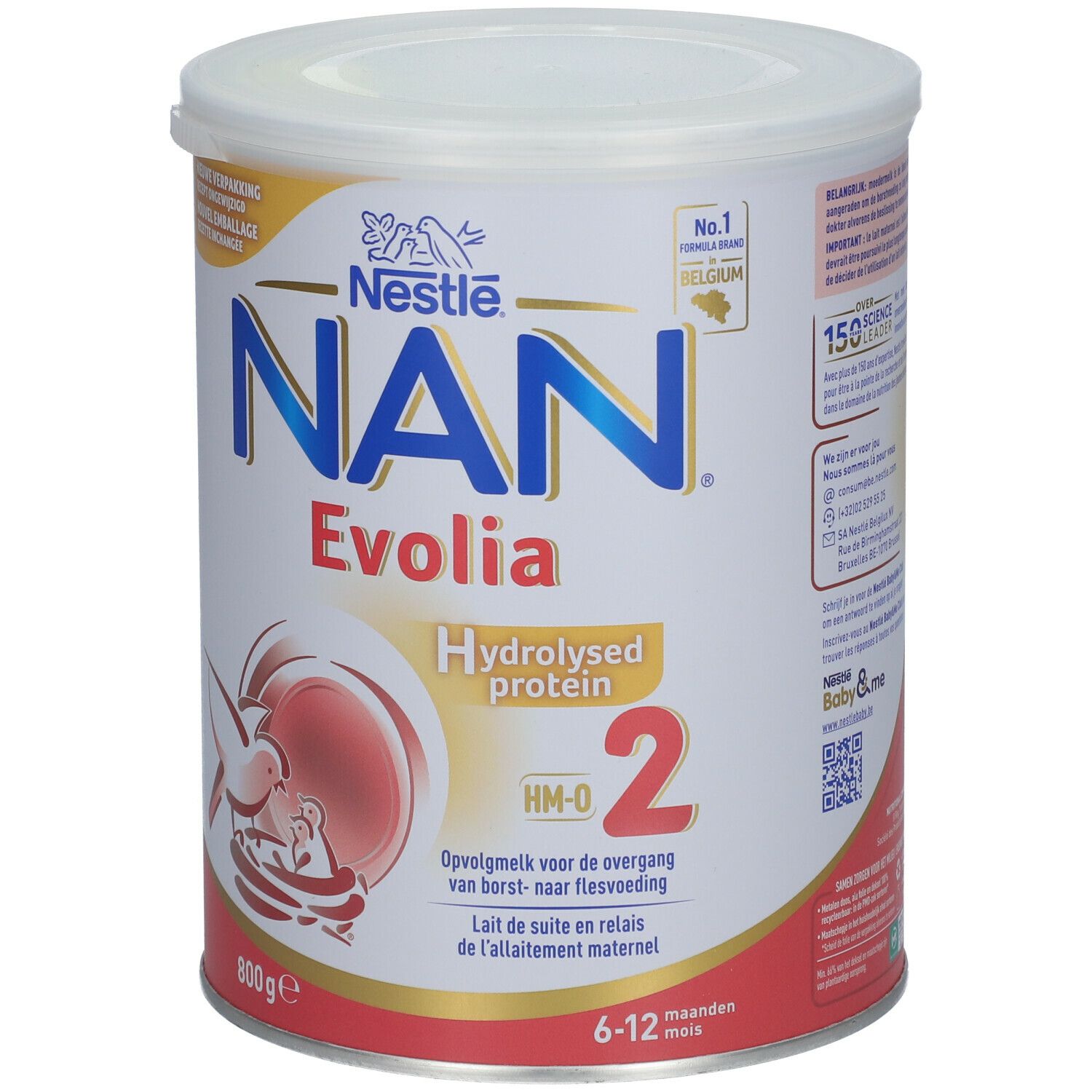 Boîte NAN Evolia 2, protéines hydrolysées. Inscription: HM-O, 2, 6-12 mois. 800g. Logo Nestlé.