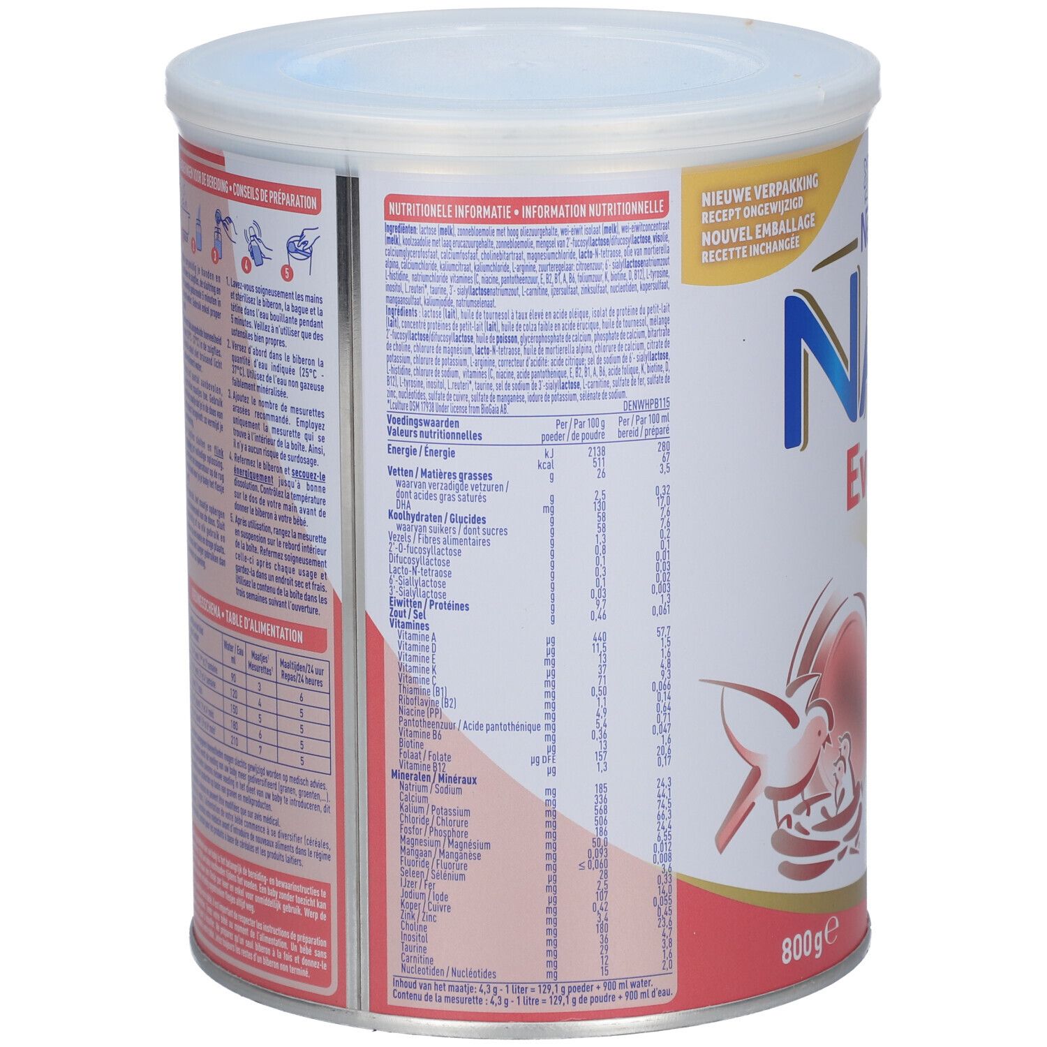 Dos de la boîte Nestlé NAN Evolia Hydrolysed Protein 1. Contient des informations nutritionnelles et des instructions d'utilisation.