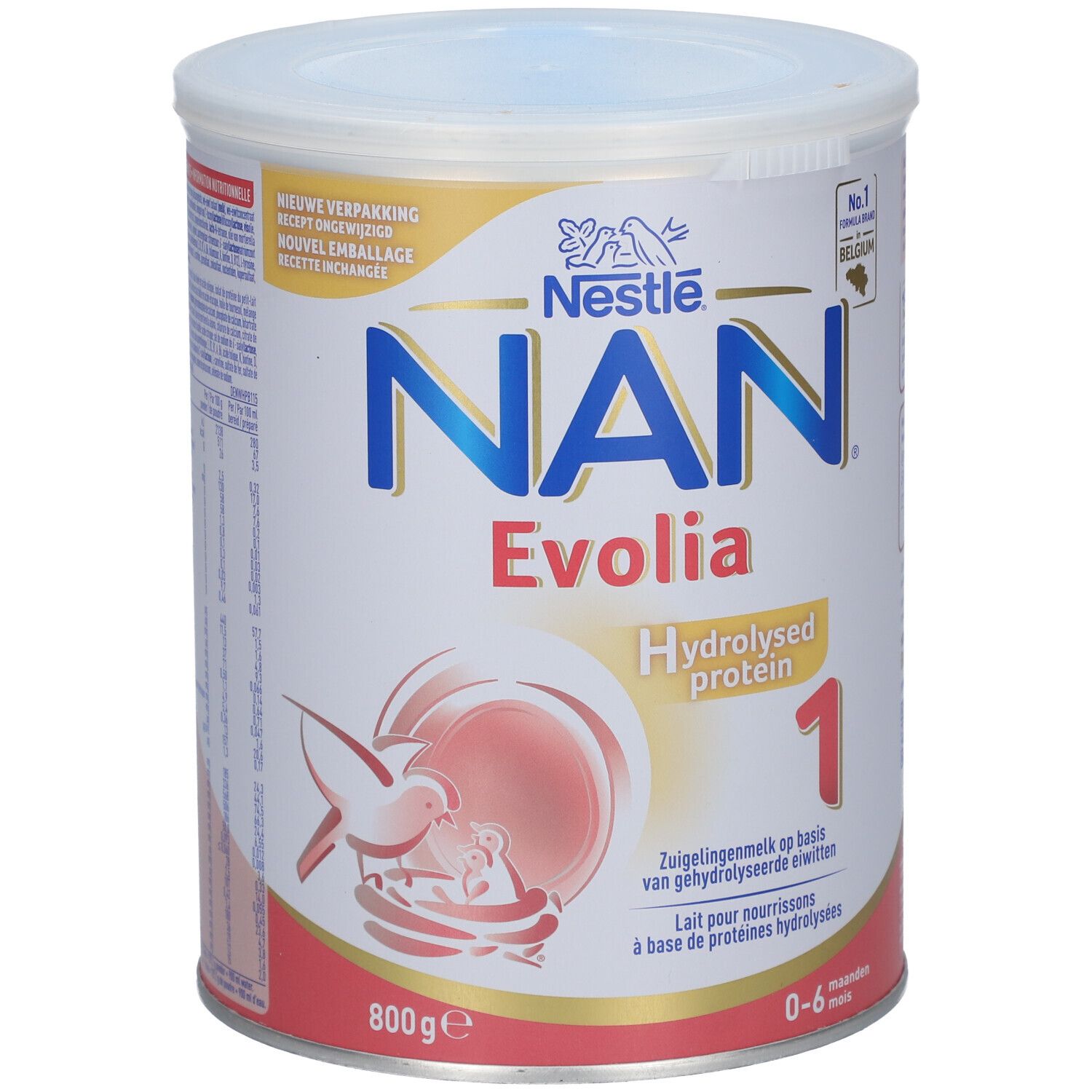 Boîte Nestlé NAN Evolia Hydrolysed Protein 1. Blanc, bleu et rouge. Inscription : Hydrolysed Protein 1, 0-6 mois, 800g.