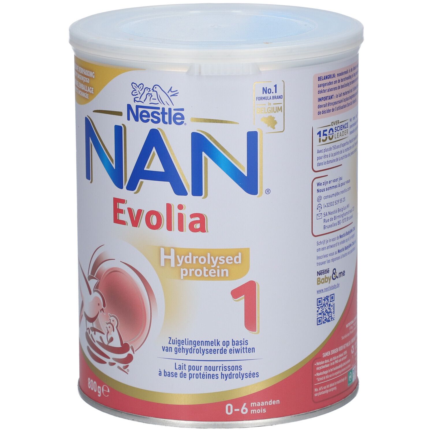 Boîte Nestlé NAN Evolia Hydrolysed Protein 1. Blanc, bleu et rouge. Inscription : Hydrolysed Protein 1, 0-6 mois, 800g.
