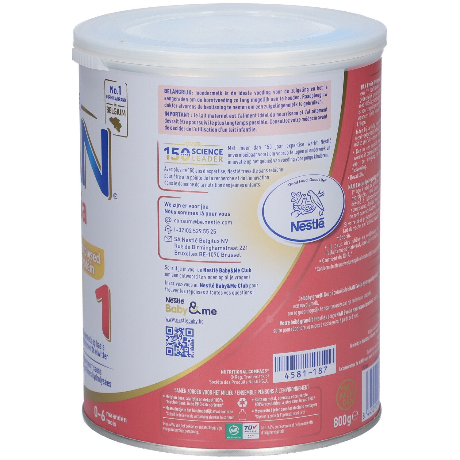 Dos de la boîte Nestlé NAN Evolia Hydrolysed Protein 1. Contient des informations, des logos et du texte.