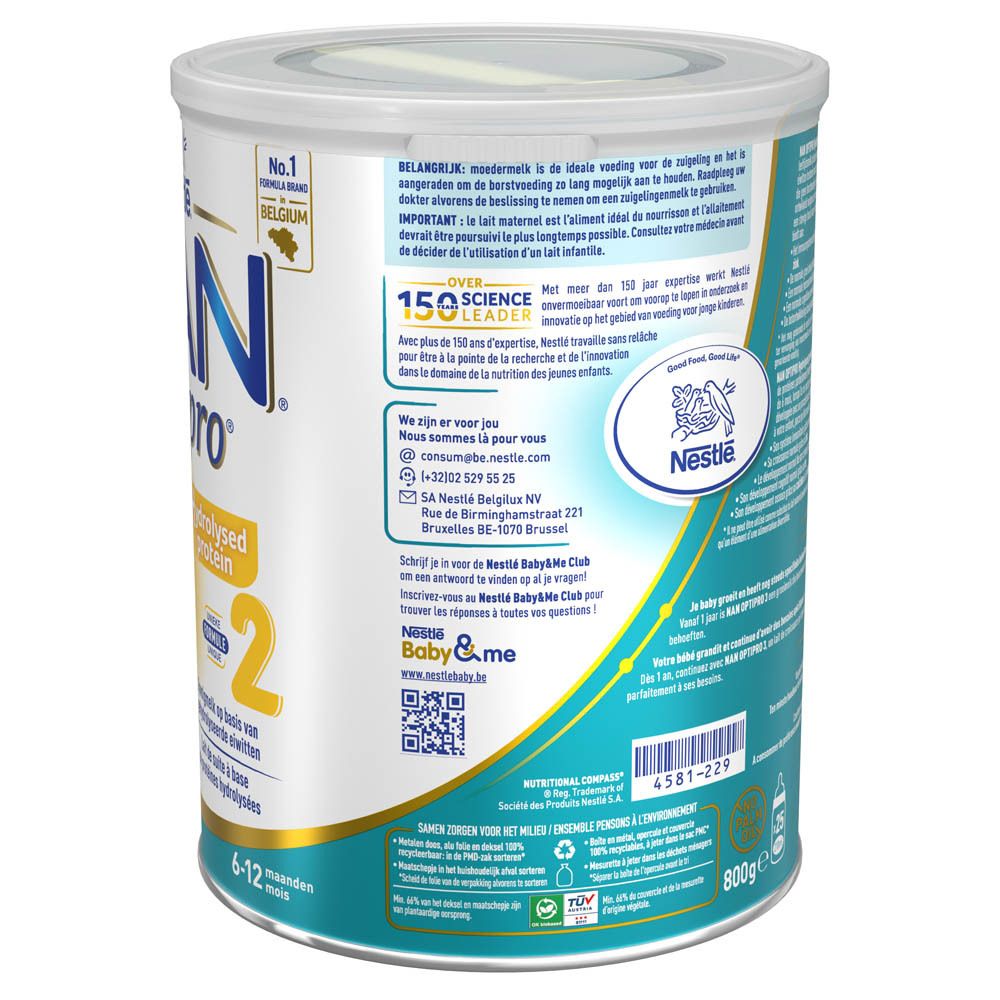 Dos de la boîte Nestlé NAN Optipro Hydrolysed Protein 2. Informations, code QR, logo et poids 800g.