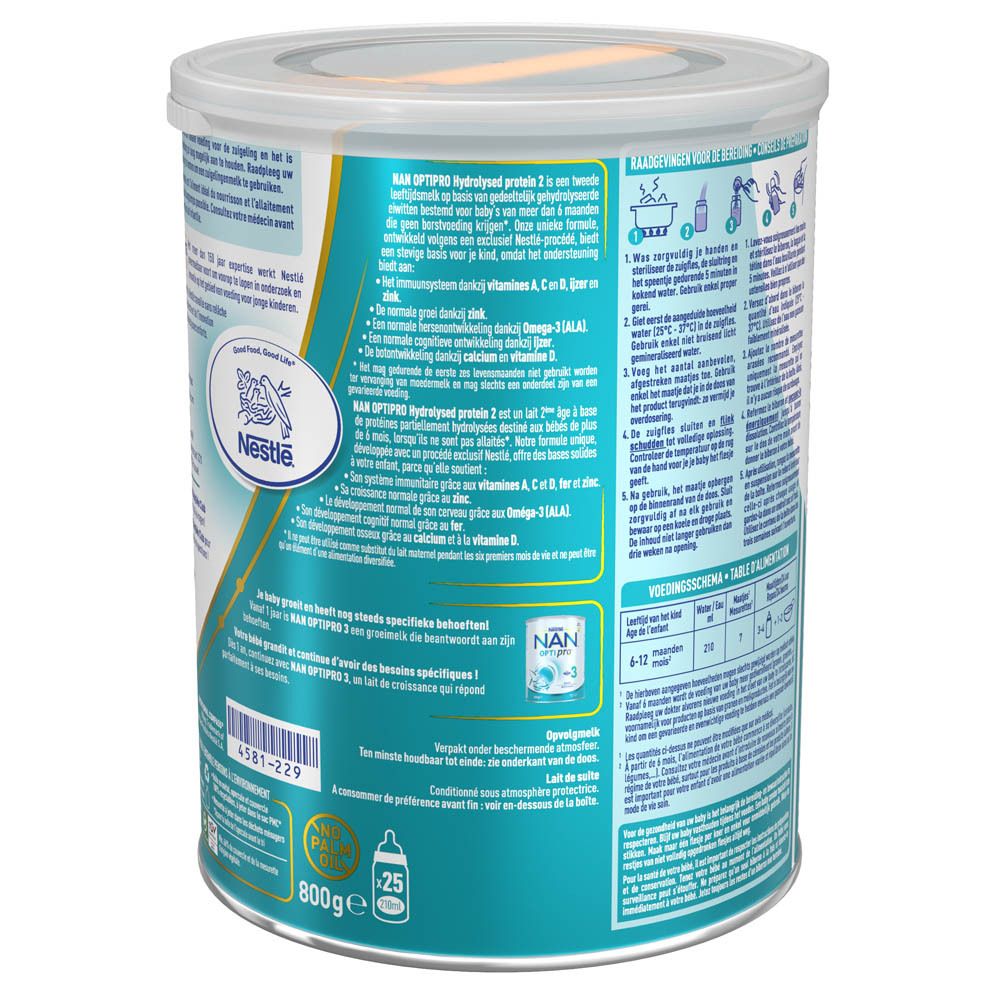 Dos boîte Nestlé NAN Optipro Hydrolysed Protein 2. Informations d'utilisation et tableau nutritionnel. 800g.