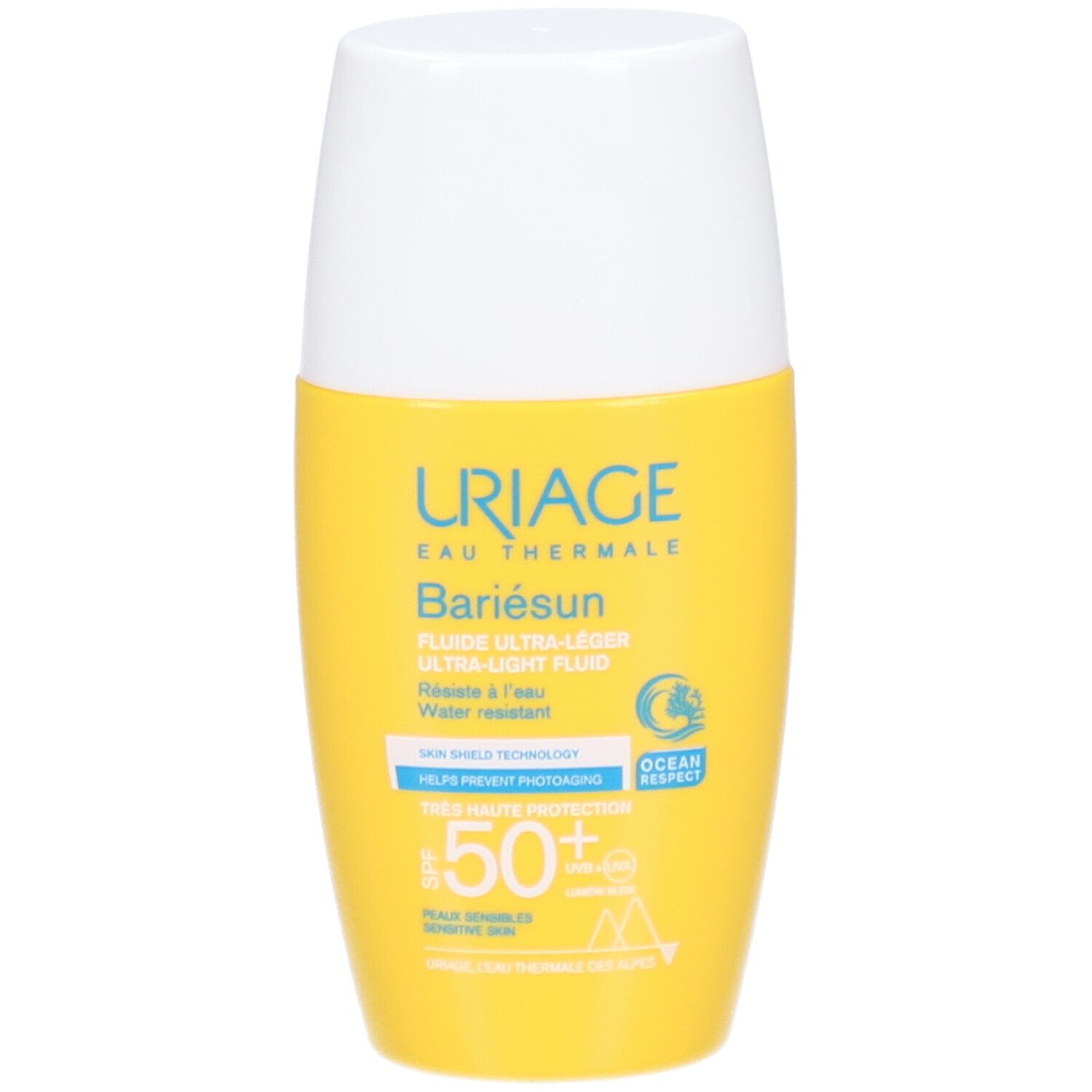 Flacon jaune Uriage Bariésun SPF50+. Bouchon blanc. Texte et logos.