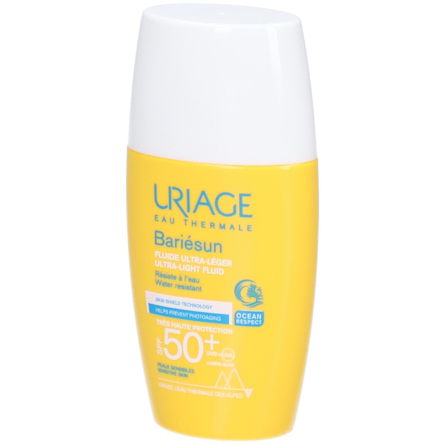 Flacon jaune Uriage Bariésun SPF50+. Bouchon blanc. Texte et logos.