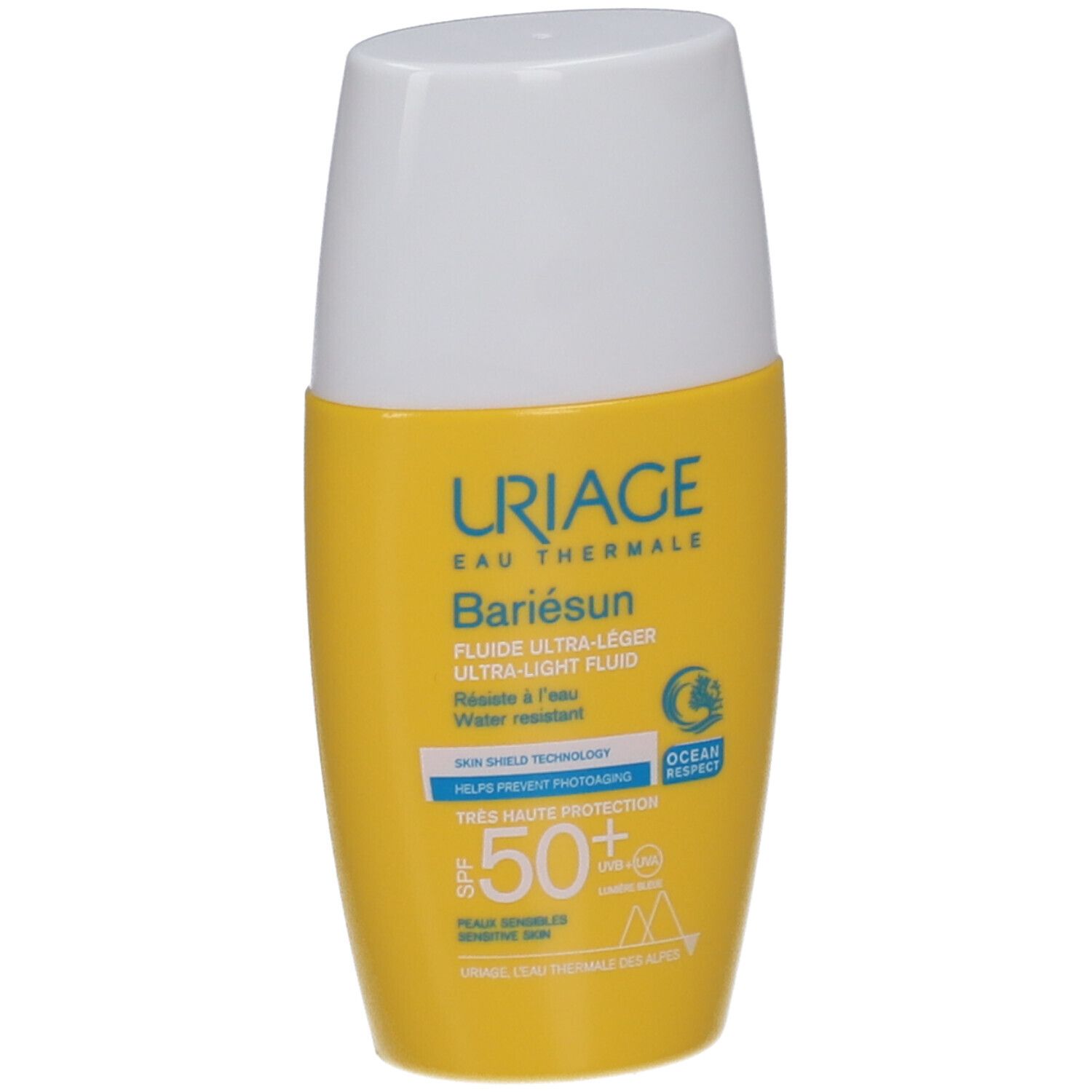 Flacon jaune Uriage Bariésun SPF50+. Bouchon blanc. Texte et logos.