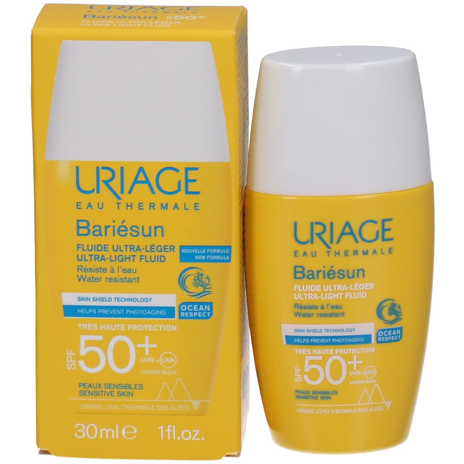 Uriage Bariésun SPF50+ et emballage. Jaune. Texte et logos.