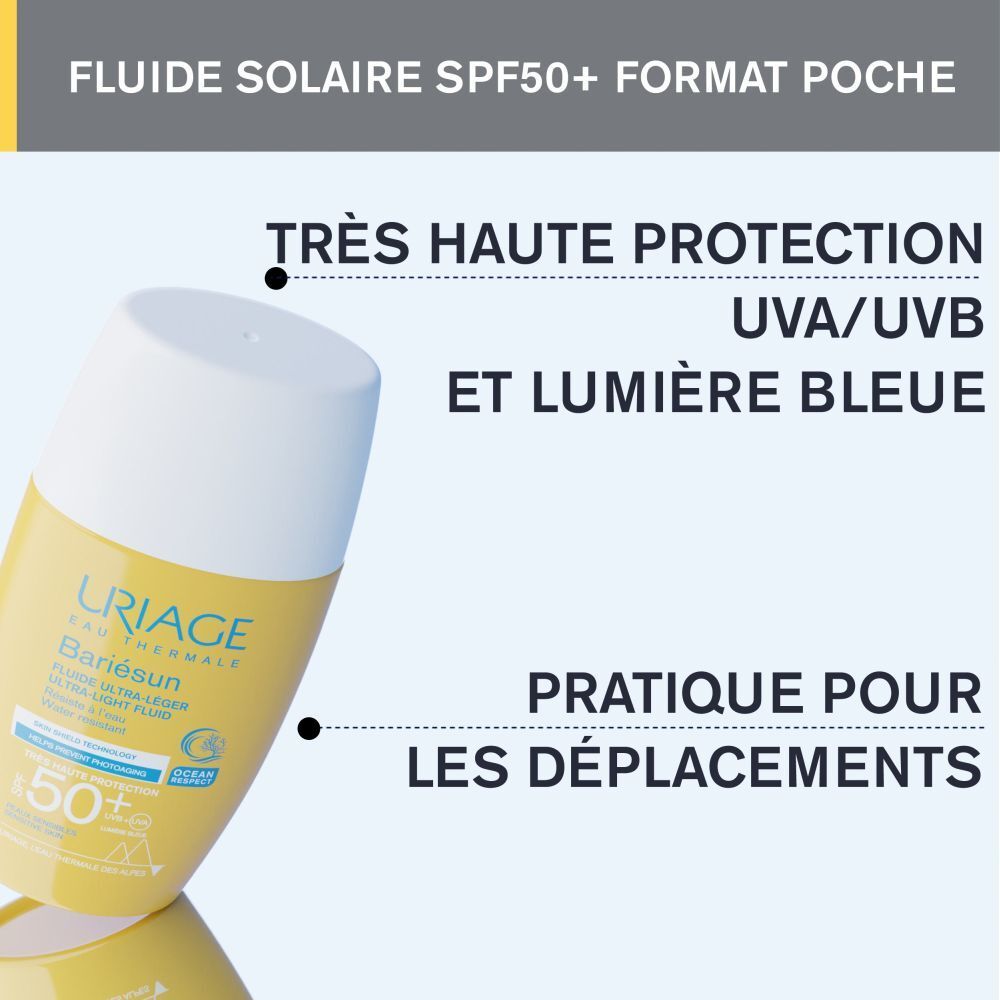Uriage Bariésun SPF50+ format poche. Texte: Très haute protection.