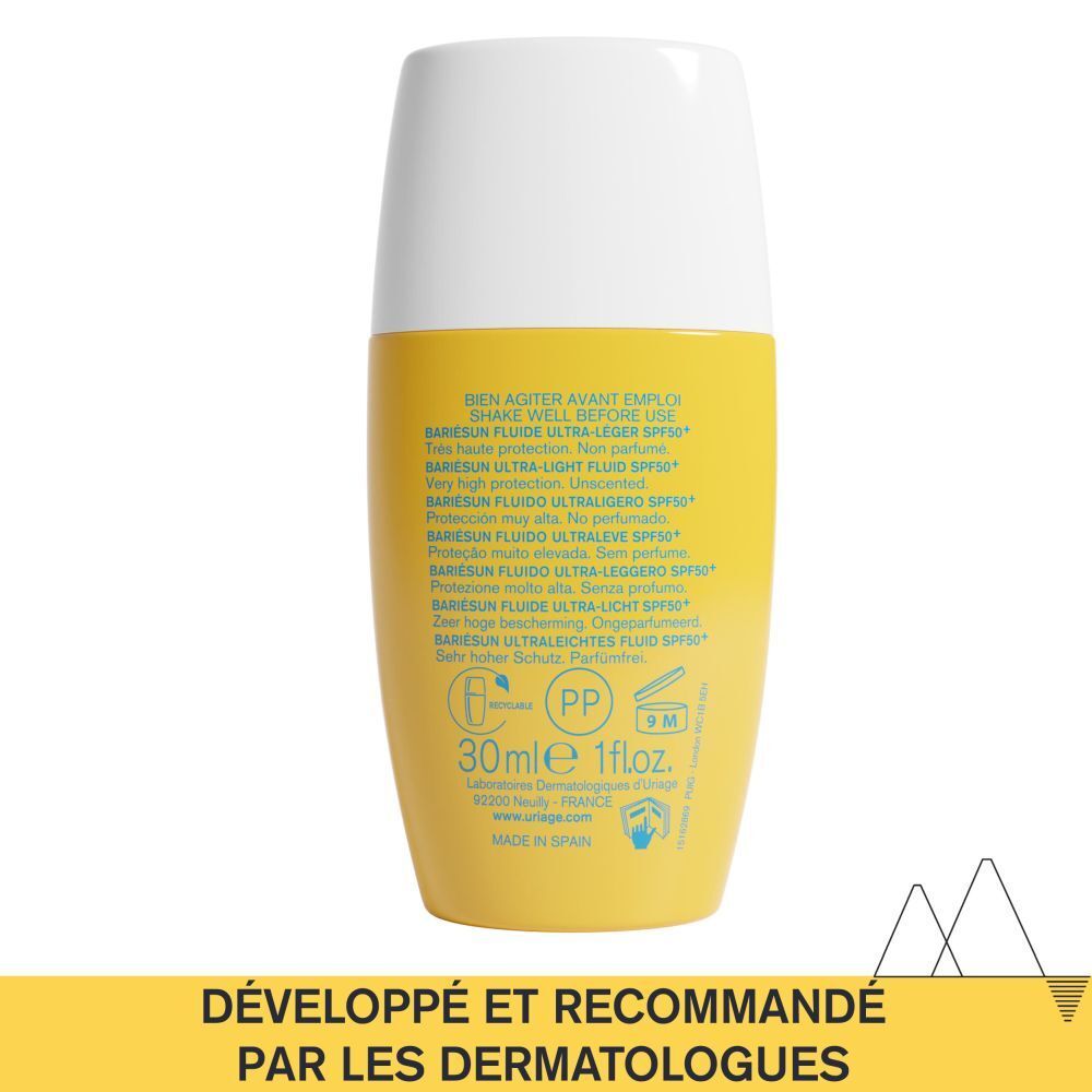 Dos du flacon jaune Uriage Bariésun. Texte multilingue.