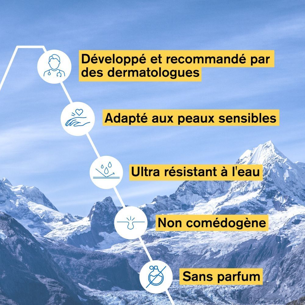 Schéma avec caractéristiques. Texte: Recommandé par dermatologues, etc.