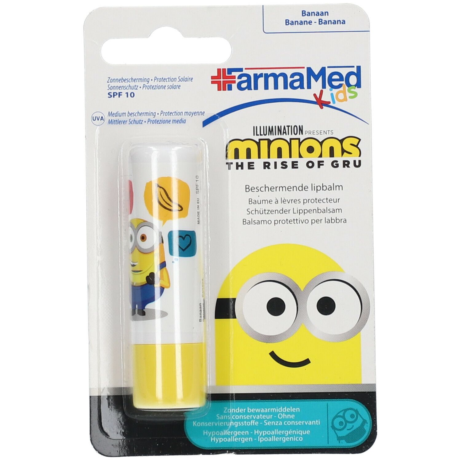 Minions lippenbalsem in verpakking. SPF10. Opschrift: FarmaMed Kids.