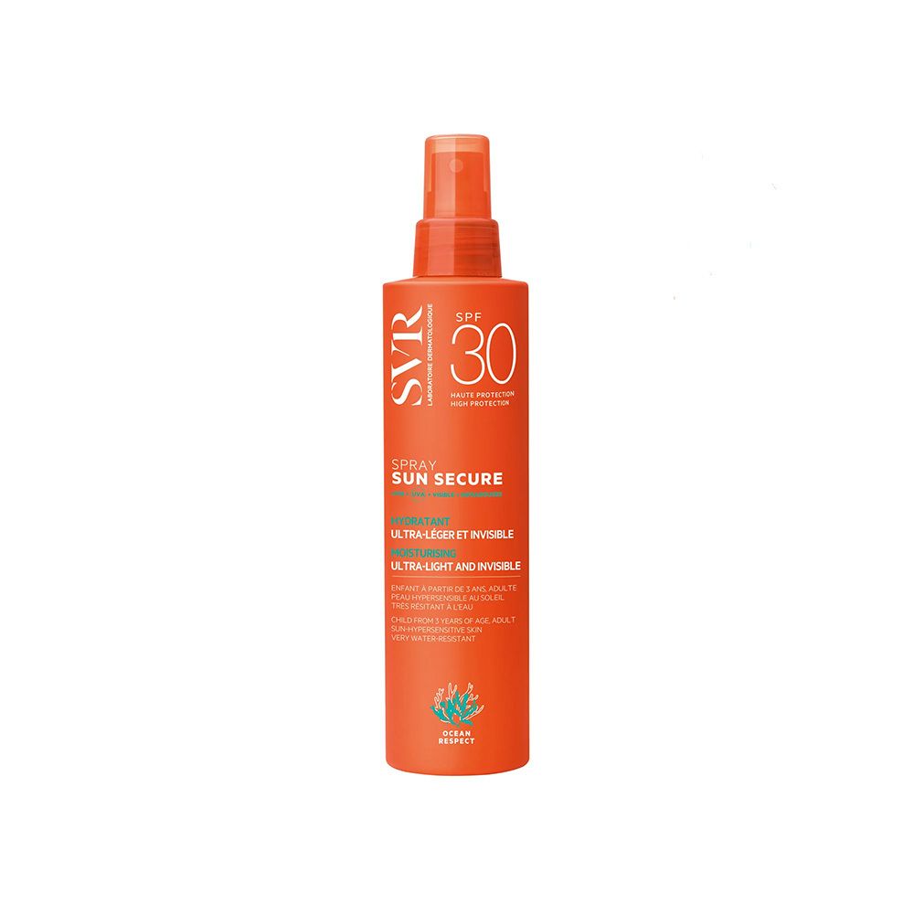 Flacon spray orange avec logo SVR et SPF 30. Texte : SUN SECURE, ultra-léger et invisible.