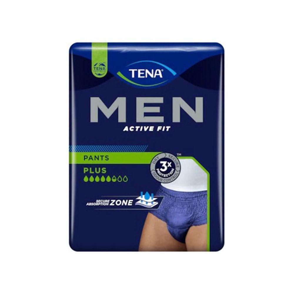 Emballage TENA Men Active Fit Pants Plus. Emballage bleu avec image du produit et texte: MEN ACTIVE FIT PANTS PLUS.