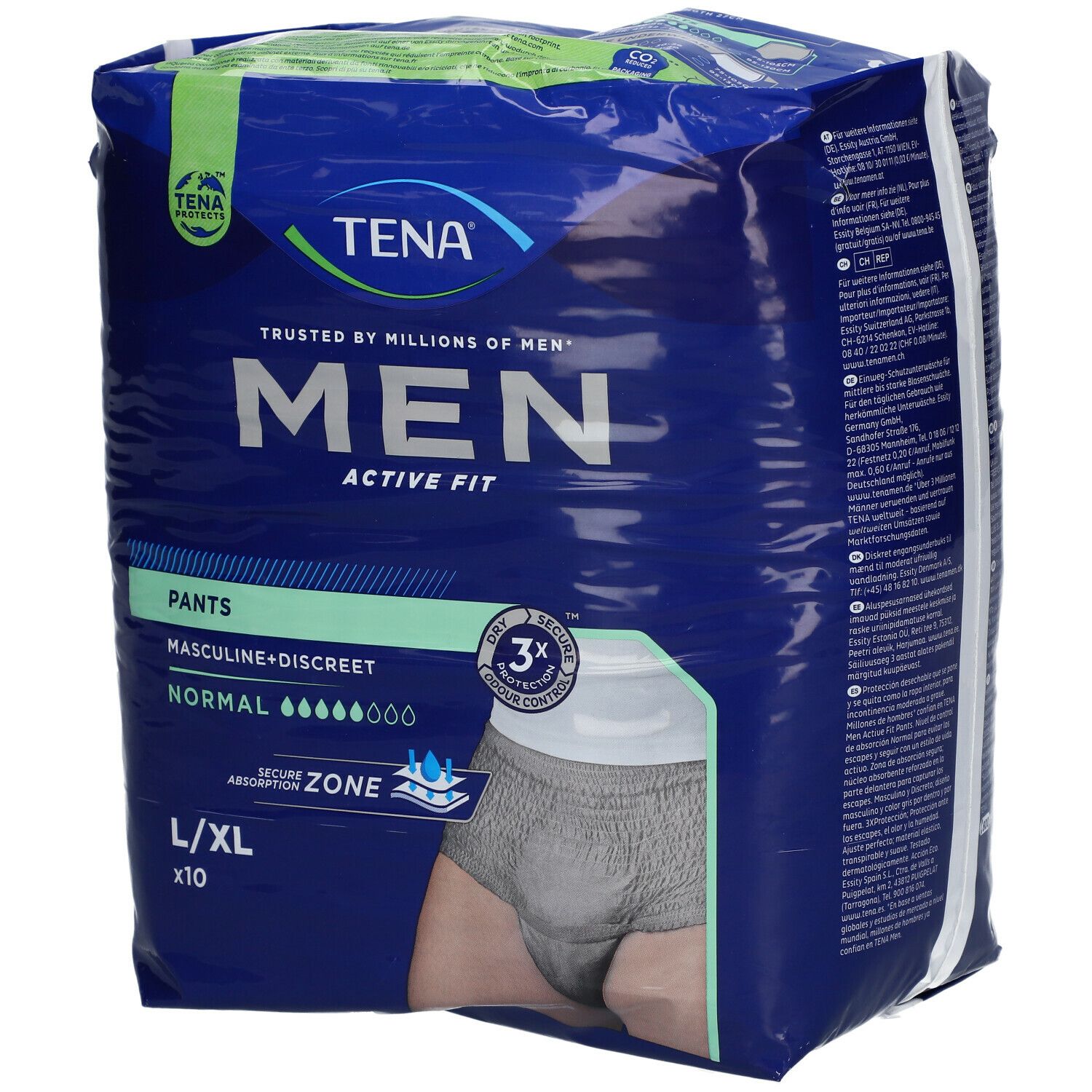 Verpakking TENA MEN Active Fit Pants, L/XL. Blauwe verpakking met productafbeelding en tekst. Zichtbaar: logo, productnaam, absorptieniveau.