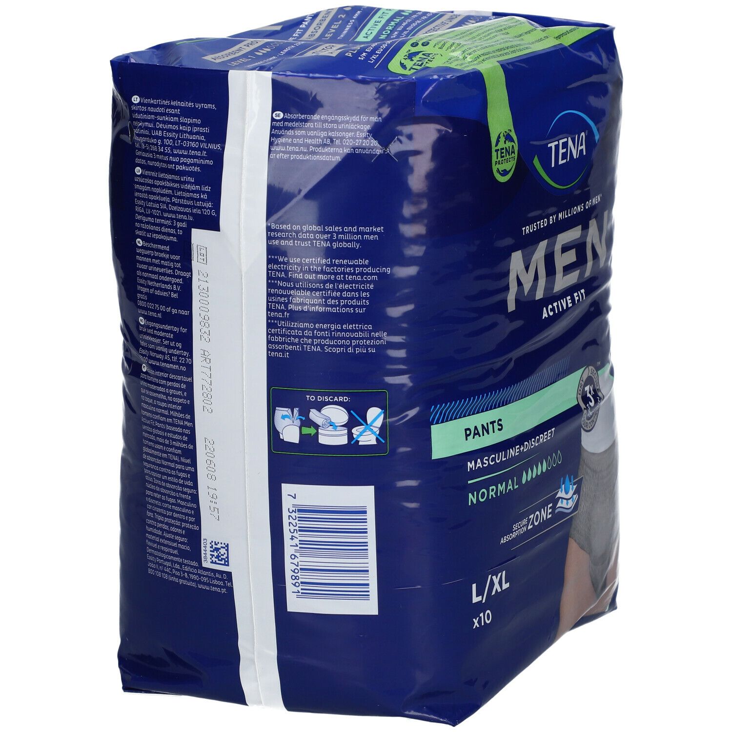 Achterkant van de TENA MEN Active Fit Pants verpakking. Blauwe verpakking met tekst en barcode. Zichtbaar: productinformatie, afvalinstructies.