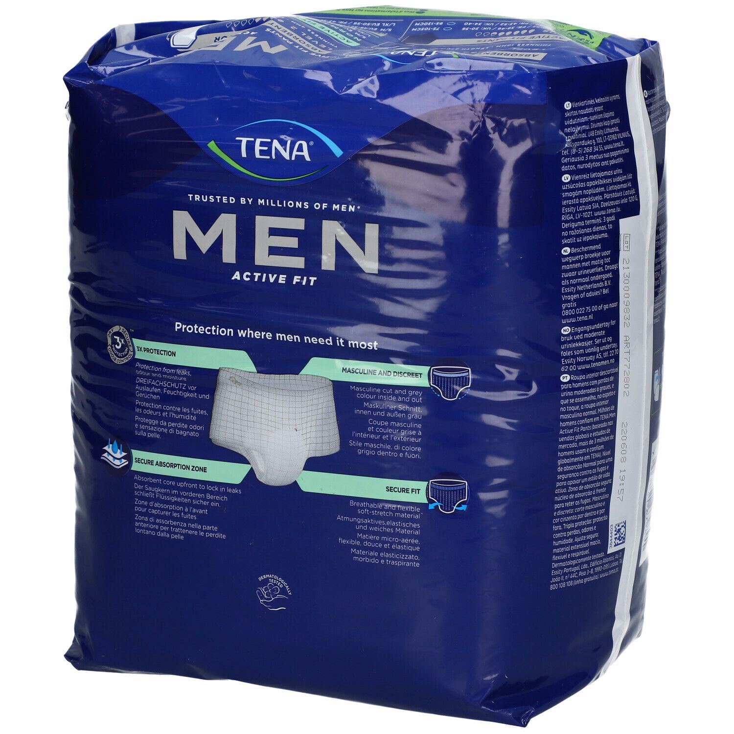 TENA MEN Active Fit Pants verpakking. Blauwe verpakking met productafbeeldingen en tekst. Zichtbaar: productkenmerken, illustraties.