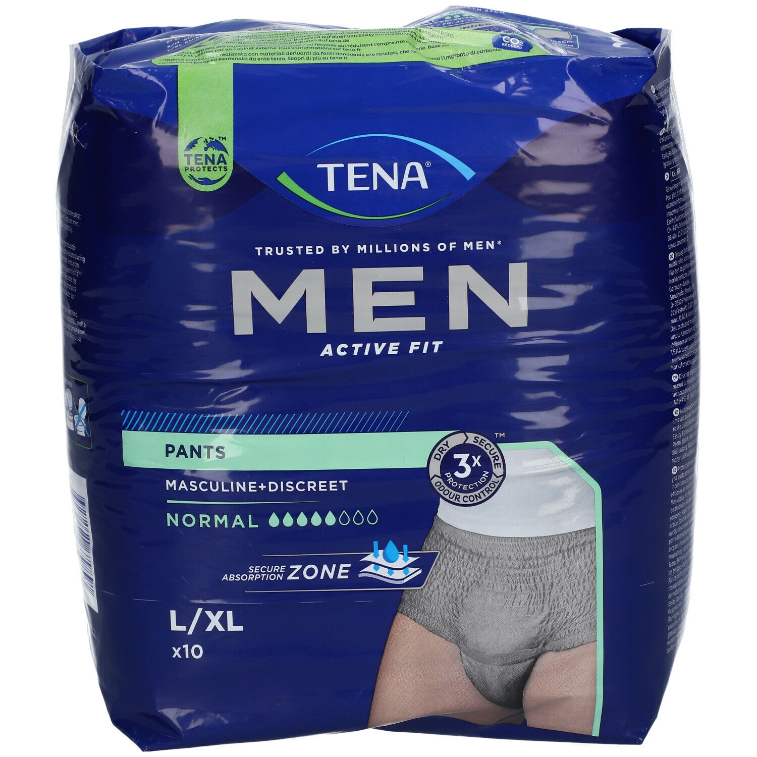 TENA MEN Active Fit Pants verpakking, L/XL. Blauwe verpakking met productafbeelding en tekst. Zichtbaar: logo, productnaam, absorptieniveau.