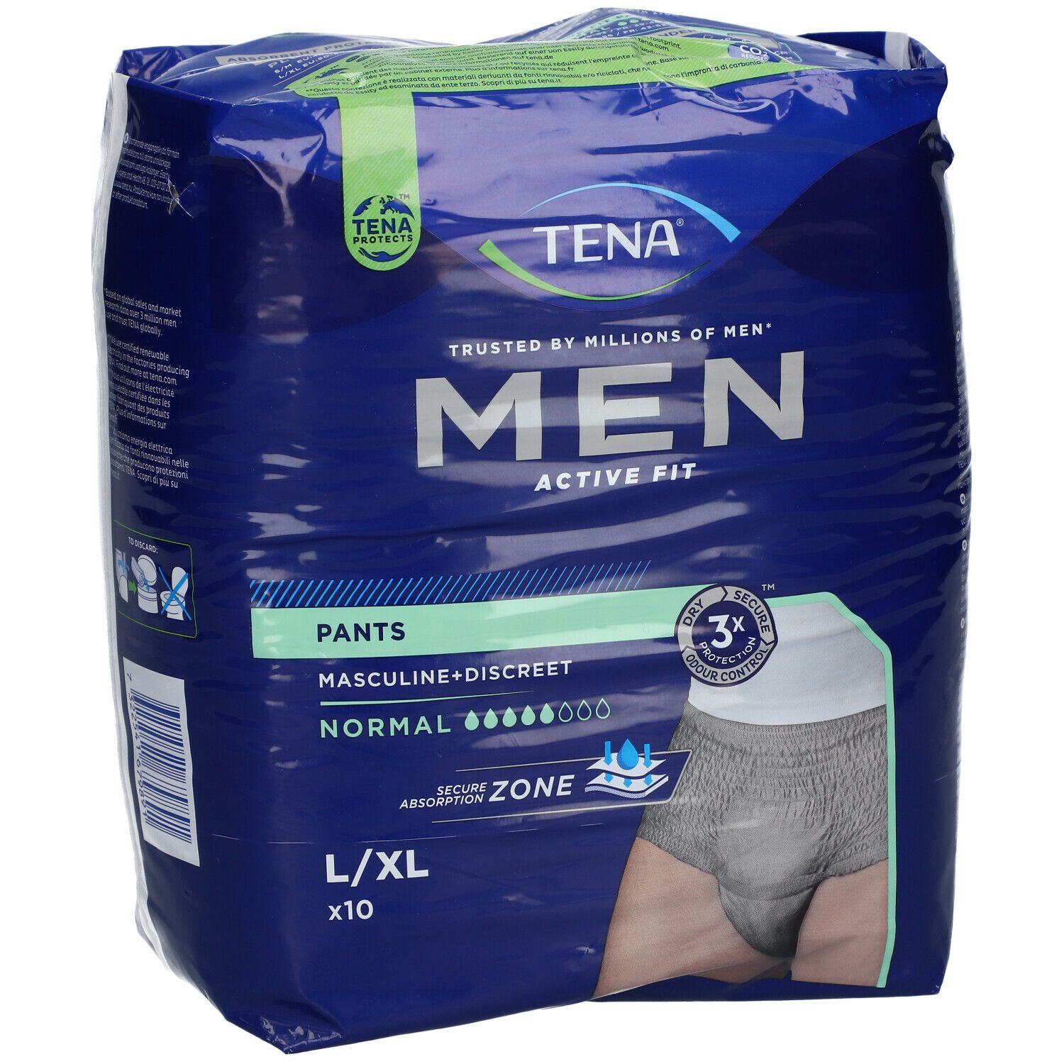 TENA MEN Active Fit Pants verpakking. Blauwe verpakking met productafbeelding en tekst. Zichtbaar: logo, productnaam, absorptieniveau, maat.