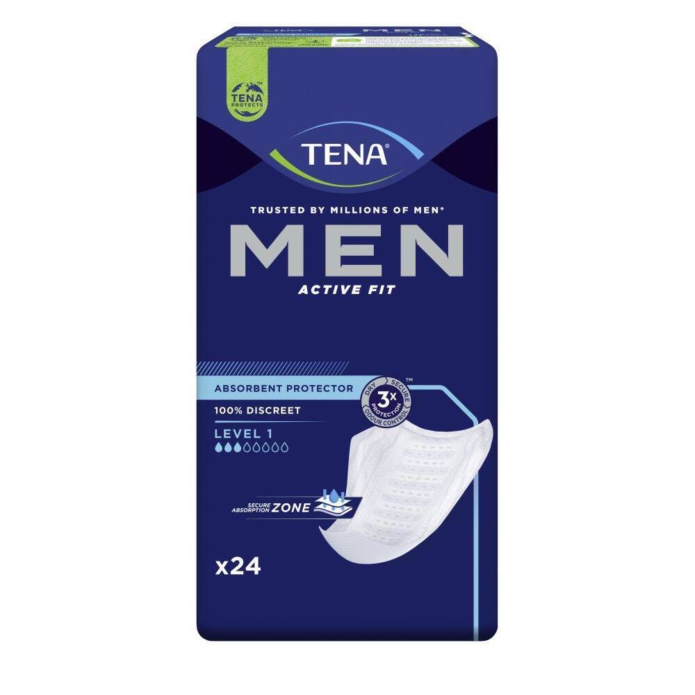 Verpakking van TENA Men Active Fit. Blauwe verpakking met productafbeelding en tekst: Active Fit, Level 1, x24.