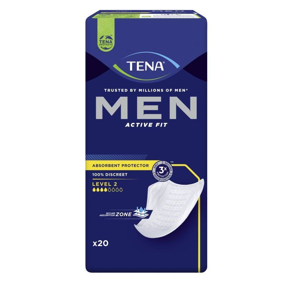 Paquet de TENA Men Active Fit Absorbent Protector Level 2. Emballage bleu avec image du produit et texte. Contient 20 unités.
