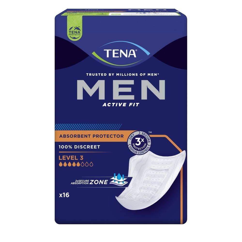 Paquet de protections TENA Men Active Fit. Emballage bleu avec informations produit et logo. Niveau 3, 16 unités.