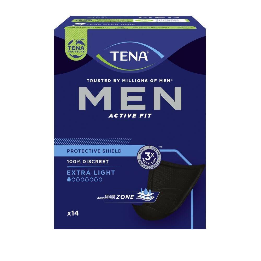 Boîte en carton bleue. TENA MEN Protective Shield Extra Light. 14 unités. Protection absorbante noire illustrée.