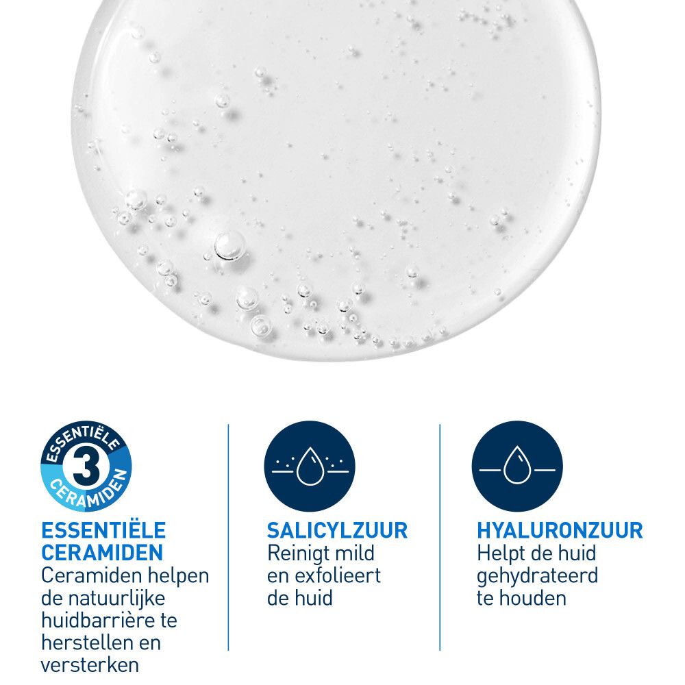 Drie cirkels met tekst: 3 essentiële ceramiden, salicylzuur, hyaluronzuur. Helpt de huidbarrière te herstellen.