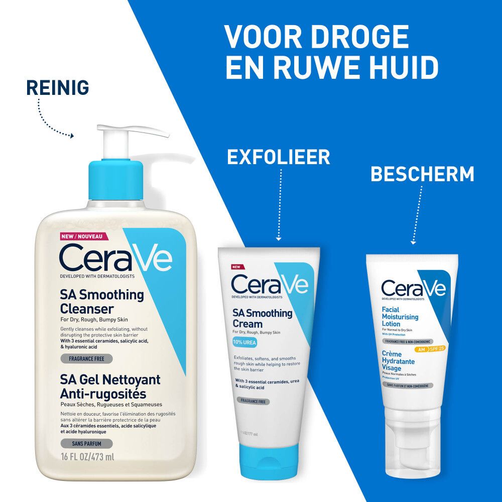 Drie producten: CeraVe SA Smoothing Cleanser, CeraVe Smoothing Cream, CeraVe Facial Moisturizing Lotion. Tekst: Voor droge en ruwe huid.