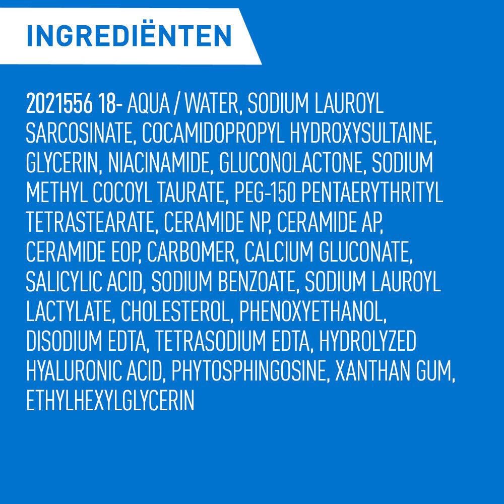 Ingrediëntenlijst. Tekst: Aqua/Water, Sodium Lauroyl Sarcosinate, Cocamidopropyl Hydroxysultaine, Glycerin, Niacinamide, etc.