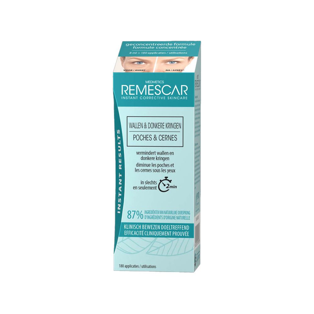 Boîte REMESCAR. Texte: cernes, Instant Corrective Skincare. Image avant/après. 87% ingrédients naturels. 180 applications.